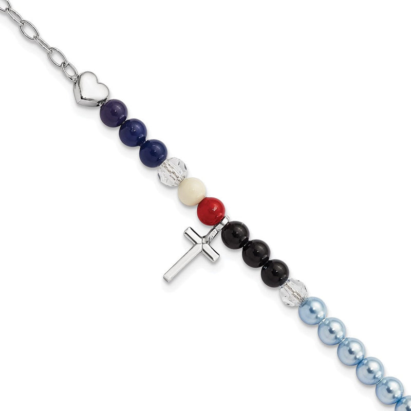8 Zoll Amen Sterlingsilber Jesus' Story Multi Glas Perle Onyx Achat Crystals Kreuz 6 Fantasie Karabinerverschluss Armband mit 2 Verlängerung
