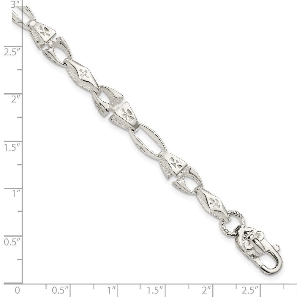 7.75 Zoll Sterlingsilber Poliert Kreuz mit Fleur De Lis Verschluss Armband