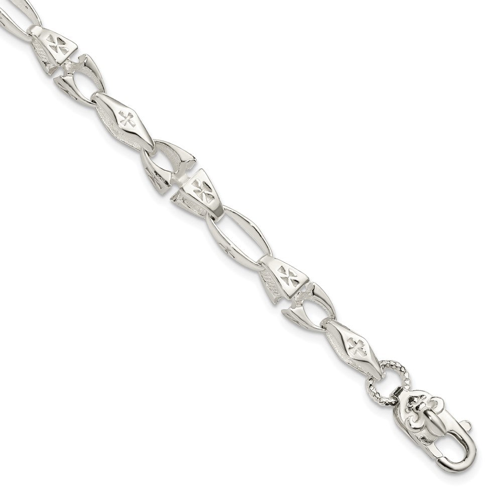 7.75 Zoll Sterlingsilber Poliert Kreuz mit Fleur De Lis Verschluss Armband