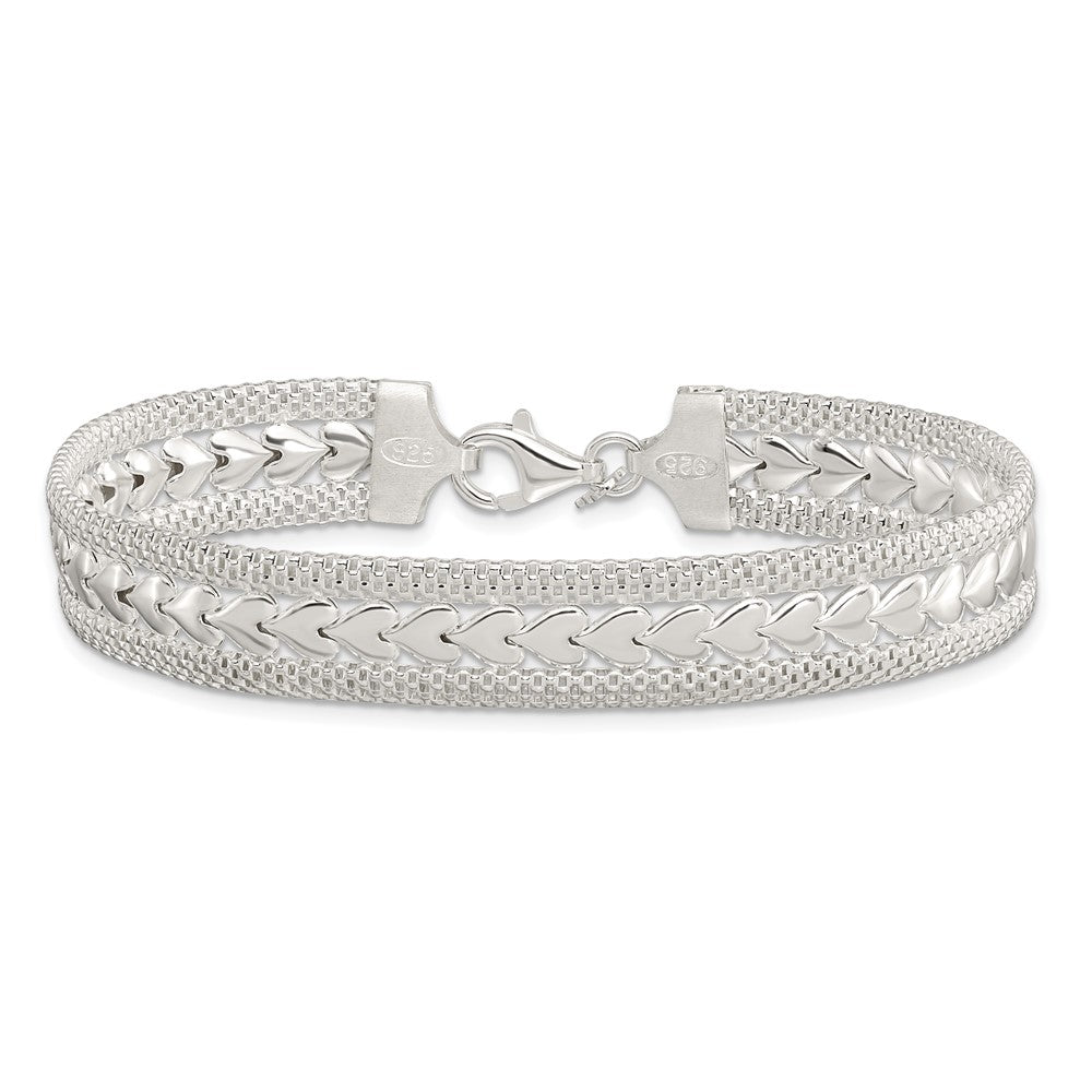 7.5 Zoll Sterlingsilber Poliert Strukturiert Herz Armband