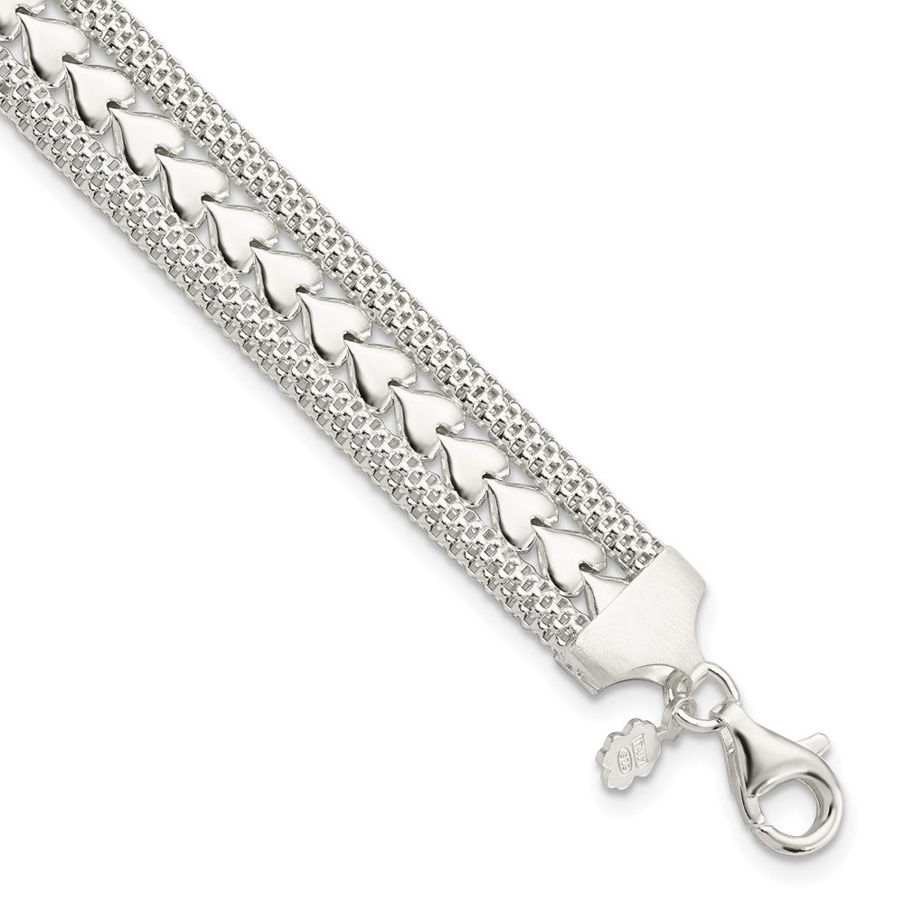 7.5 Zoll Sterlingsilber Poliert Strukturiert Herz Armband