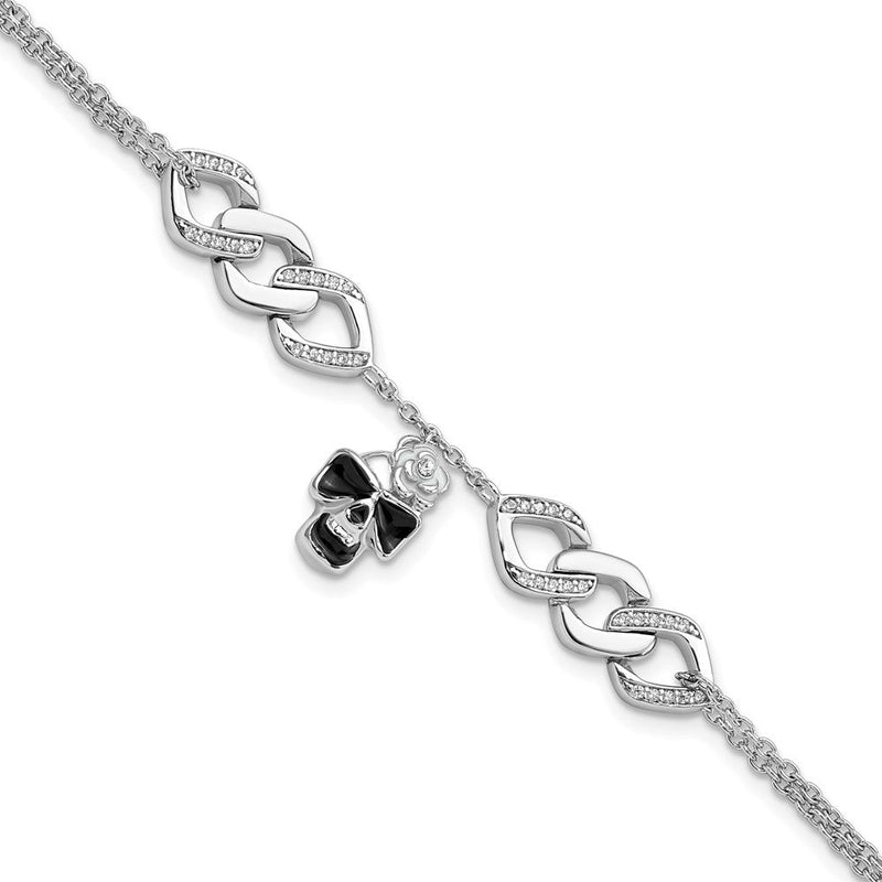 6.5 Zoll Sterlingsilber Rhodiniert Zirkonia Emaille Totenkopf mit Blume 6.5 Zoll mit 1 Zoll Verlängerung Armband
