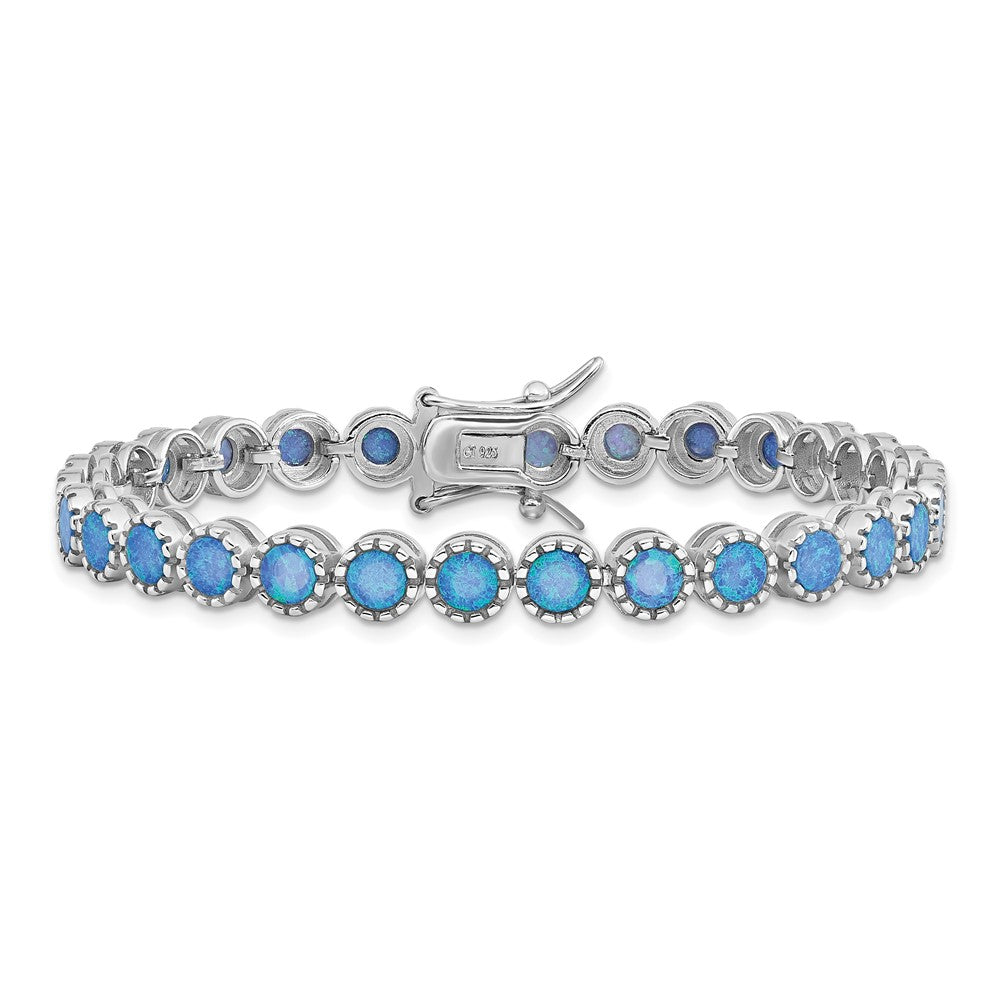 7 Zoll Sterlingsilber Rhodiniert Gekugelt Blau Erzeugt Opal Einlage Armband