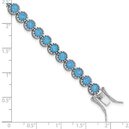 7 Zoll Sterlingsilber Rhodiniert Gekugelt Blau Erzeugt Opal Einlage Armband