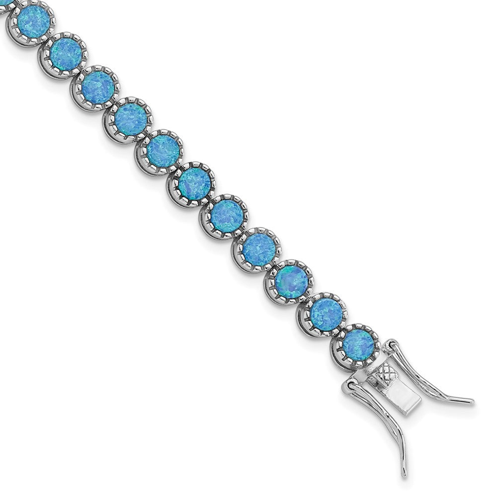 7 Zoll Sterlingsilber Rhodiniert Gekugelt Blau Erzeugt Opal Einlage Armband
