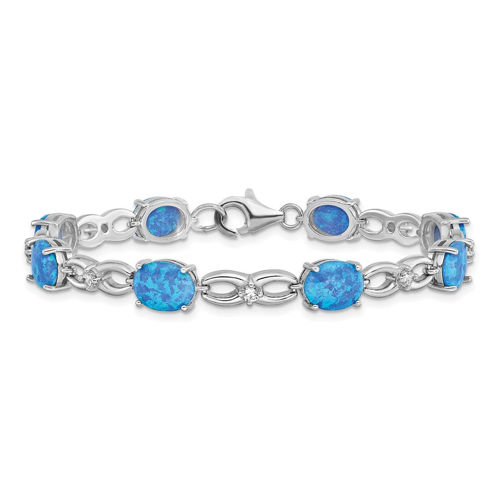 7.25 Zoll Sterlingsilber Rhodiniert Poliert Blau Erzeugt Opal & Zirkonia Armband
