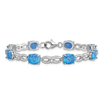 7.25 Zoll Sterlingsilber Rhodiniert Poliert Blau Erzeugt Opal & Zirkonia Armband