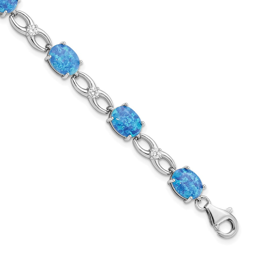 7.25 Zoll Sterlingsilber Rhodiniert Poliert Blau Erzeugt Opal & Zirkonia Armband