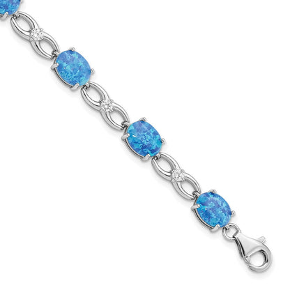 7.25 Zoll Sterlingsilber Rhodiniert Poliert Blau Erzeugt Opal & Zirkonia Armband