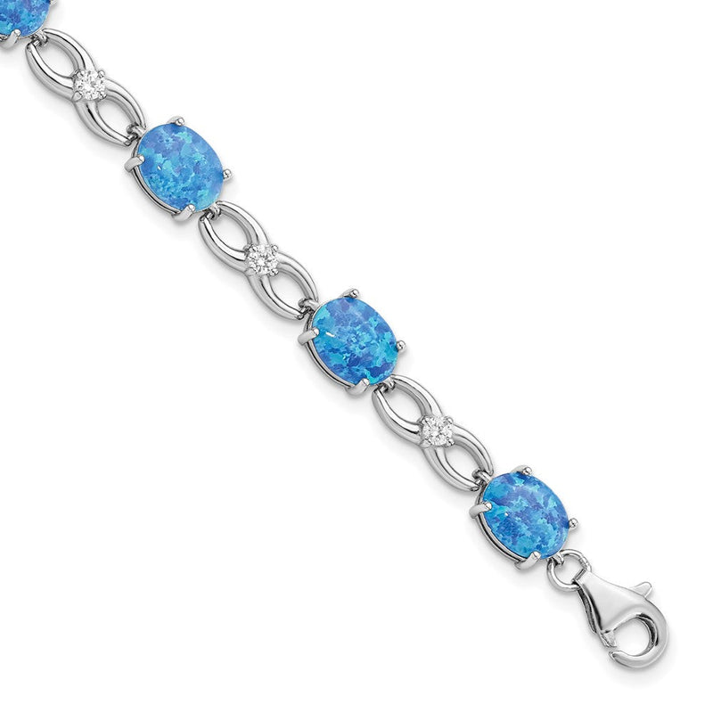 7.25 Zoll Sterlingsilber Rhodiniert Poliert Blau Erzeugt Opal & Zirkonia Armband