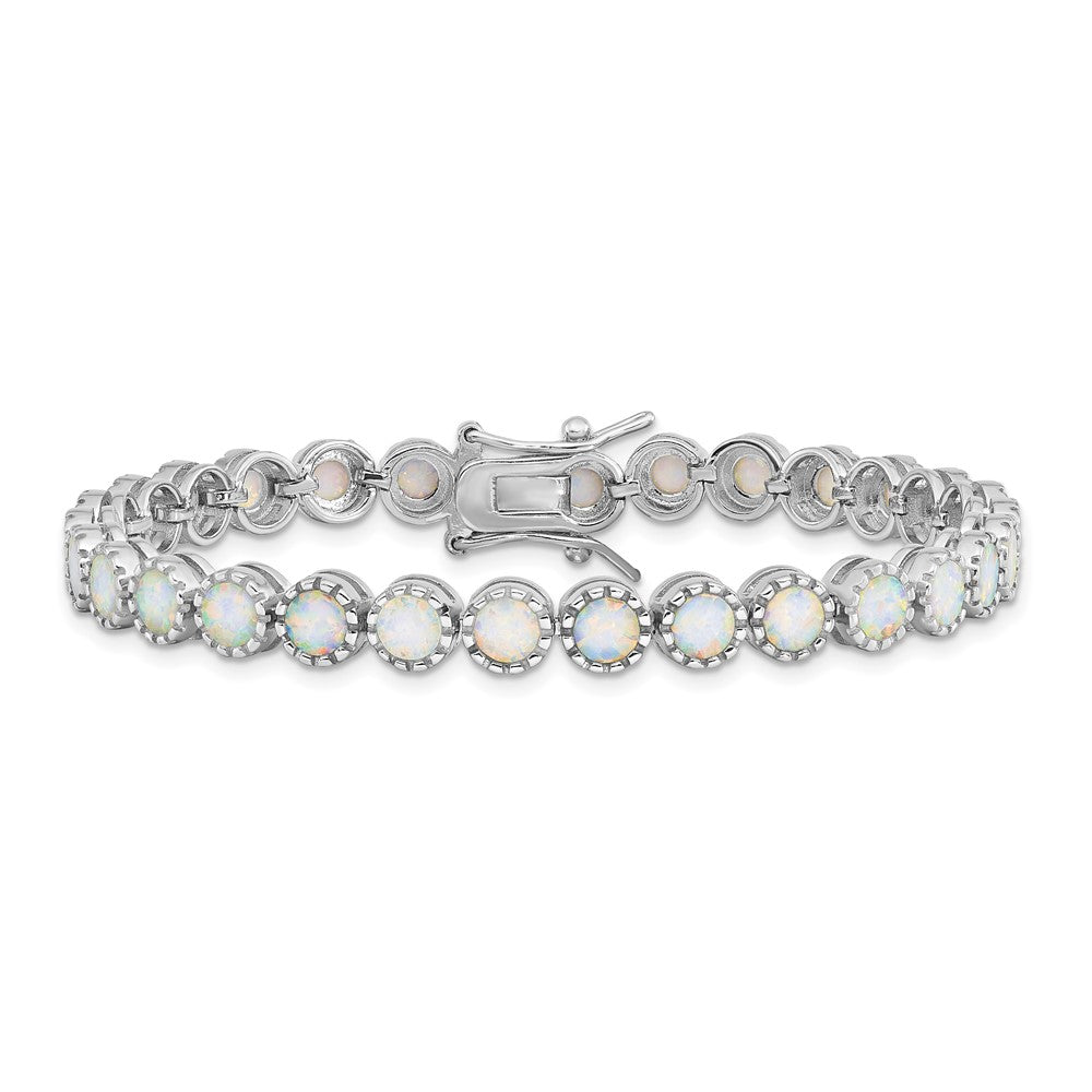 7 Zoll Sterlingsilber Rhodiniert Gekugelt Weiß Erzeugt Opal Einlage Armband