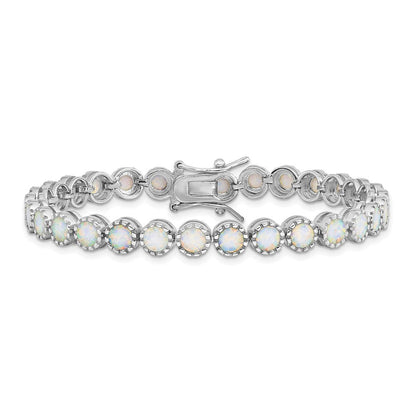 7 Zoll Sterlingsilber Rhodiniert Gekugelt Weiß Erzeugt Opal Einlage Armband