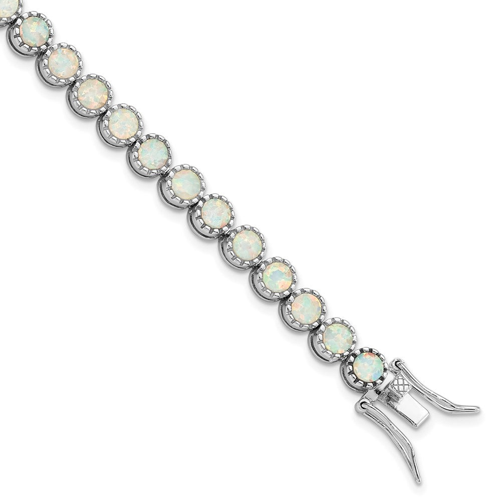 7 Zoll Sterlingsilber Rhodiniert Gekugelt Weiß Erzeugt Opal Einlage Armband