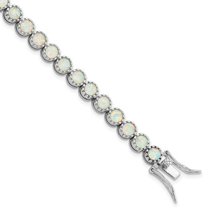 7 Zoll Sterlingsilber Rhodiniert Gekugelt Weiß Erzeugt Opal Einlage Armband