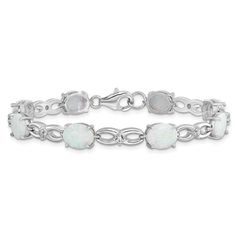 7.25 Zoll Sterlingsilber Rhodiniert Poliert Weiß Erzeugt Opal & Zirkonia Armband