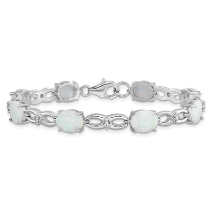 7.25 Zoll Sterlingsilber Rhodiniert Poliert Weiß Erzeugt Opal & Zirkonia Armband