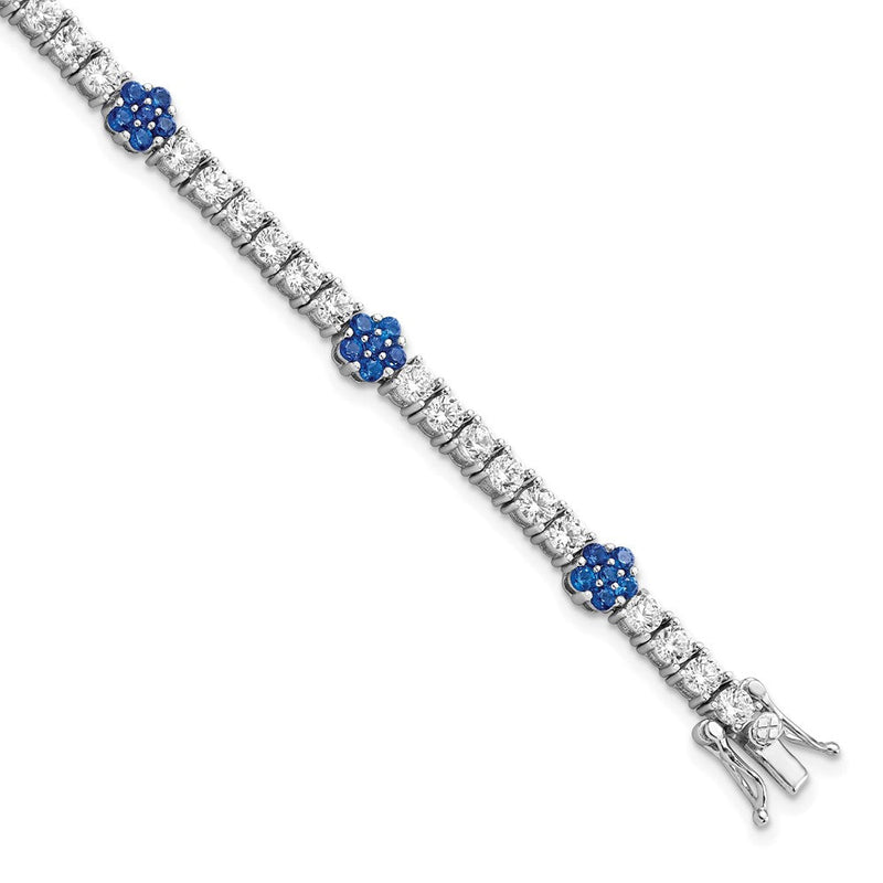 7 Zoll Sterlingsilber Rhodiniert Cr Blau Spinell & Zirkonia Blume 7 Zoll Armband