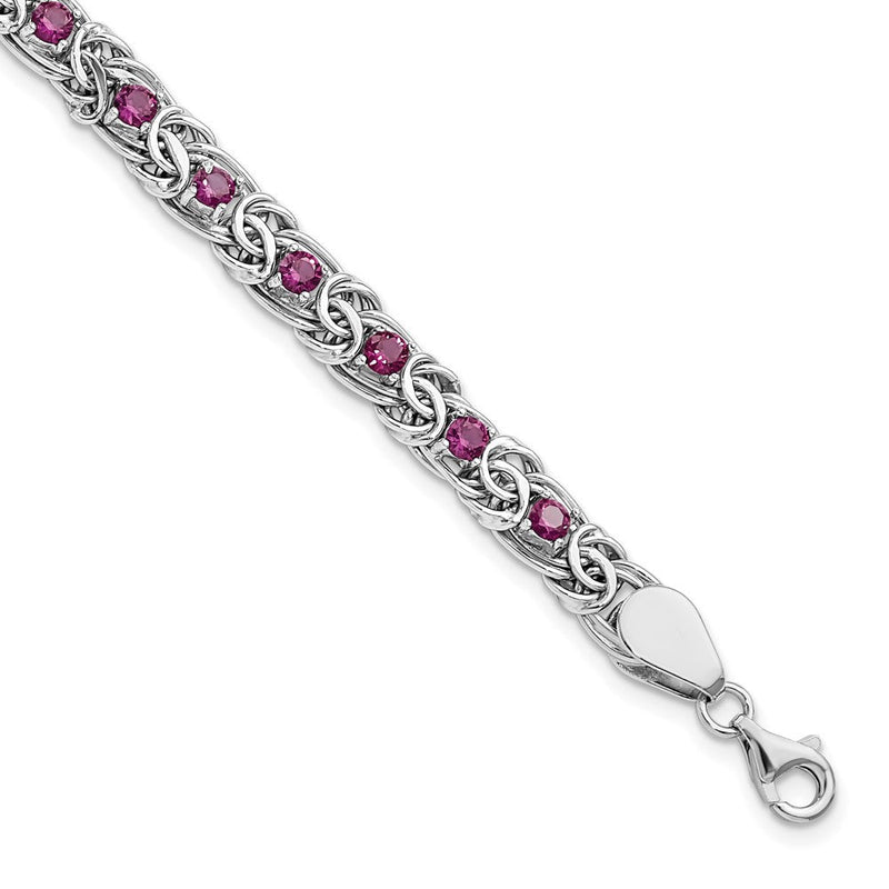 7.5 Zoll Sterlingsilber Rhodiniert Dunkel Rosa Glas Flach Glieder 7.5 Zoll Armband