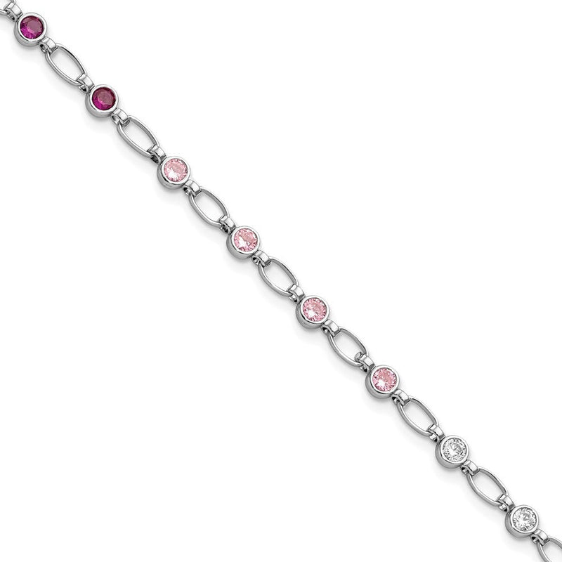 7.25 Zoll Sterlingsilber Rhodiniert Poliert Rot Rosa Klar Zirkonia Armband
