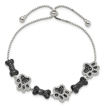 Sterlingsilber Rhodiniert Zirkonia Paw Druck & Hund Bone Adj Armband