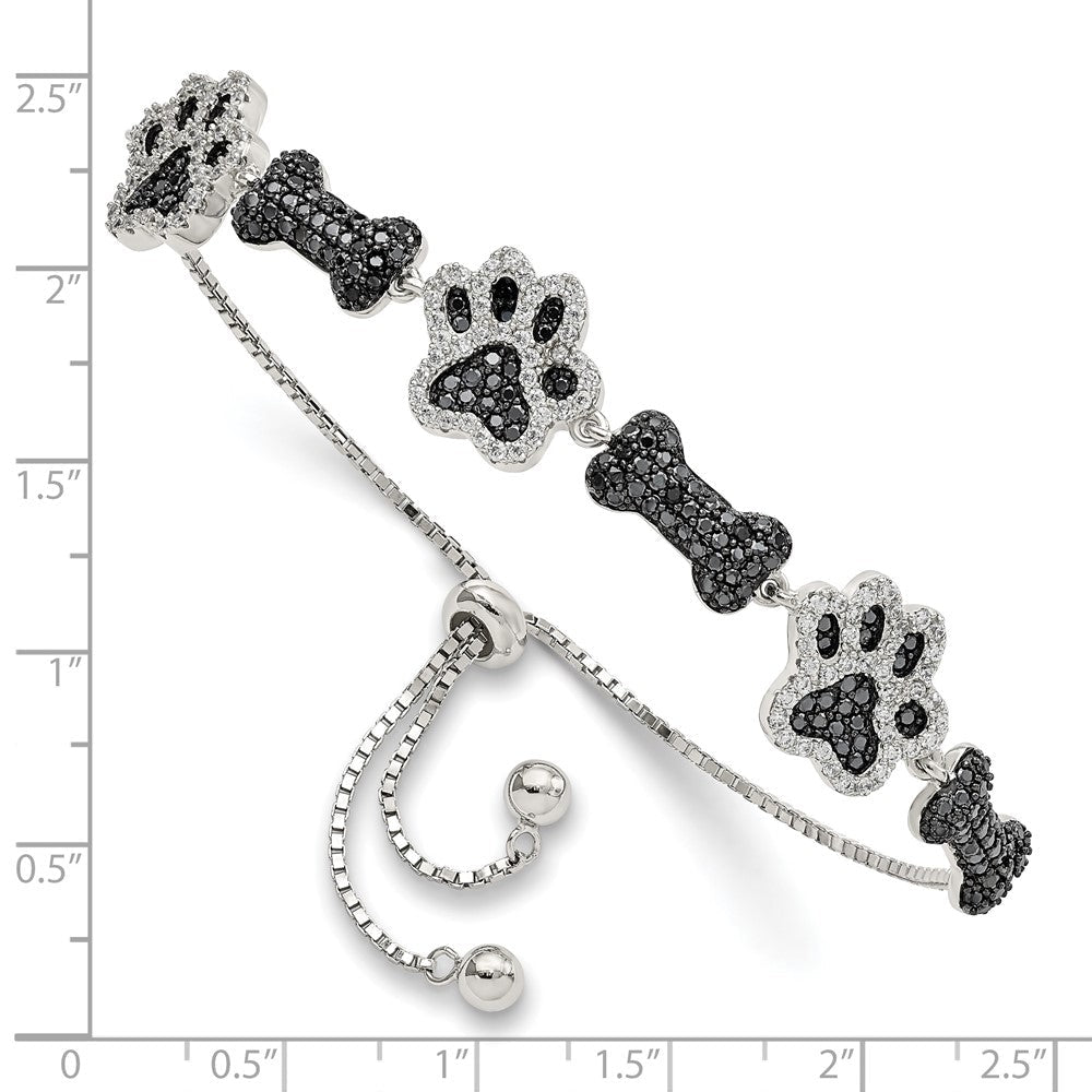 Sterlingsilber Rhodiniert Zirkonia Paw Druck & Hund Bone Adj Armband