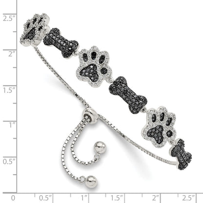 Sterlingsilber Rhodiniert Zirkonia Paw Druck & Hund Bone Adj Armband