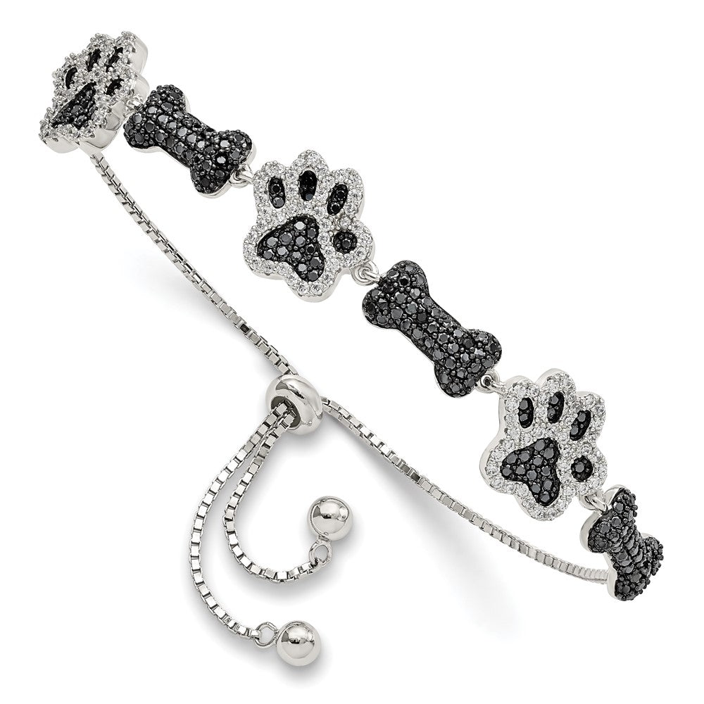 Sterlingsilber Rhodiniert Zirkonia Paw Druck & Hund Bone Adj Armband