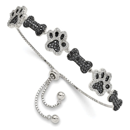 Sterlingsilber Rhodiniert Zirkonia Paw Druck & Hund Bone Adj Armband