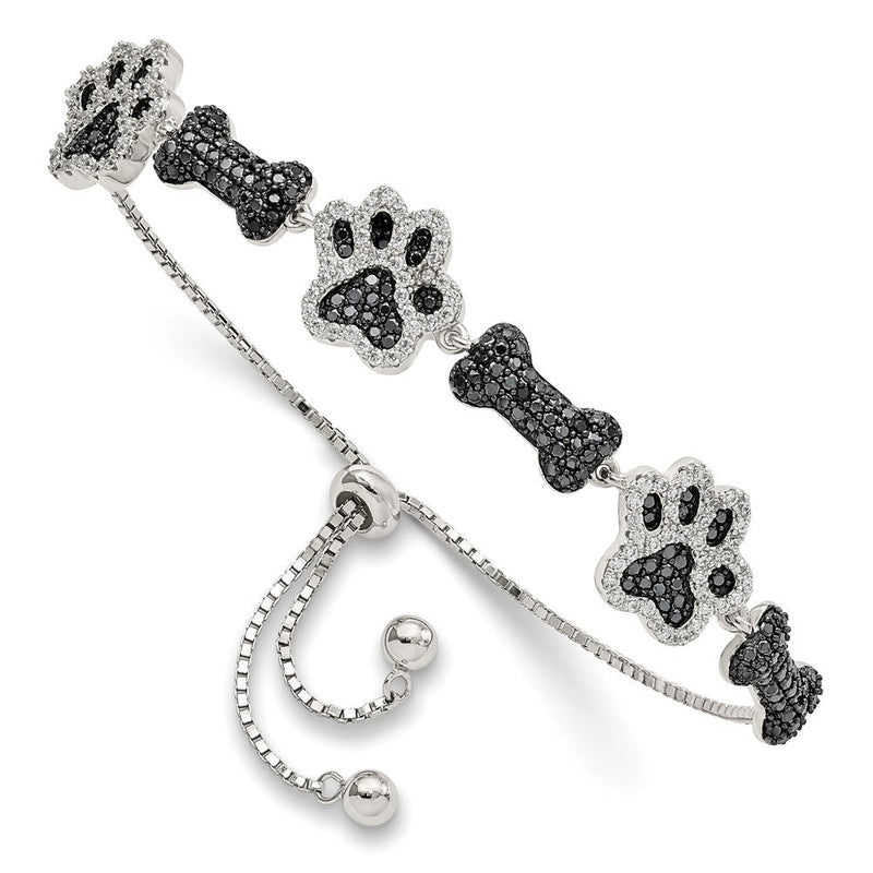 Sterlingsilber Rhodiniert Zirkonia Paw Druck & Hund Bone Adj Armband