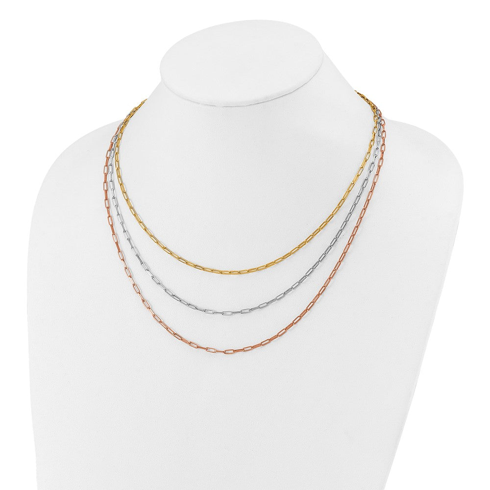 Sterlingsilber Rhodiniert-plate Rose/yellow-tone Büroklammer Glieder 3-strand Necklac