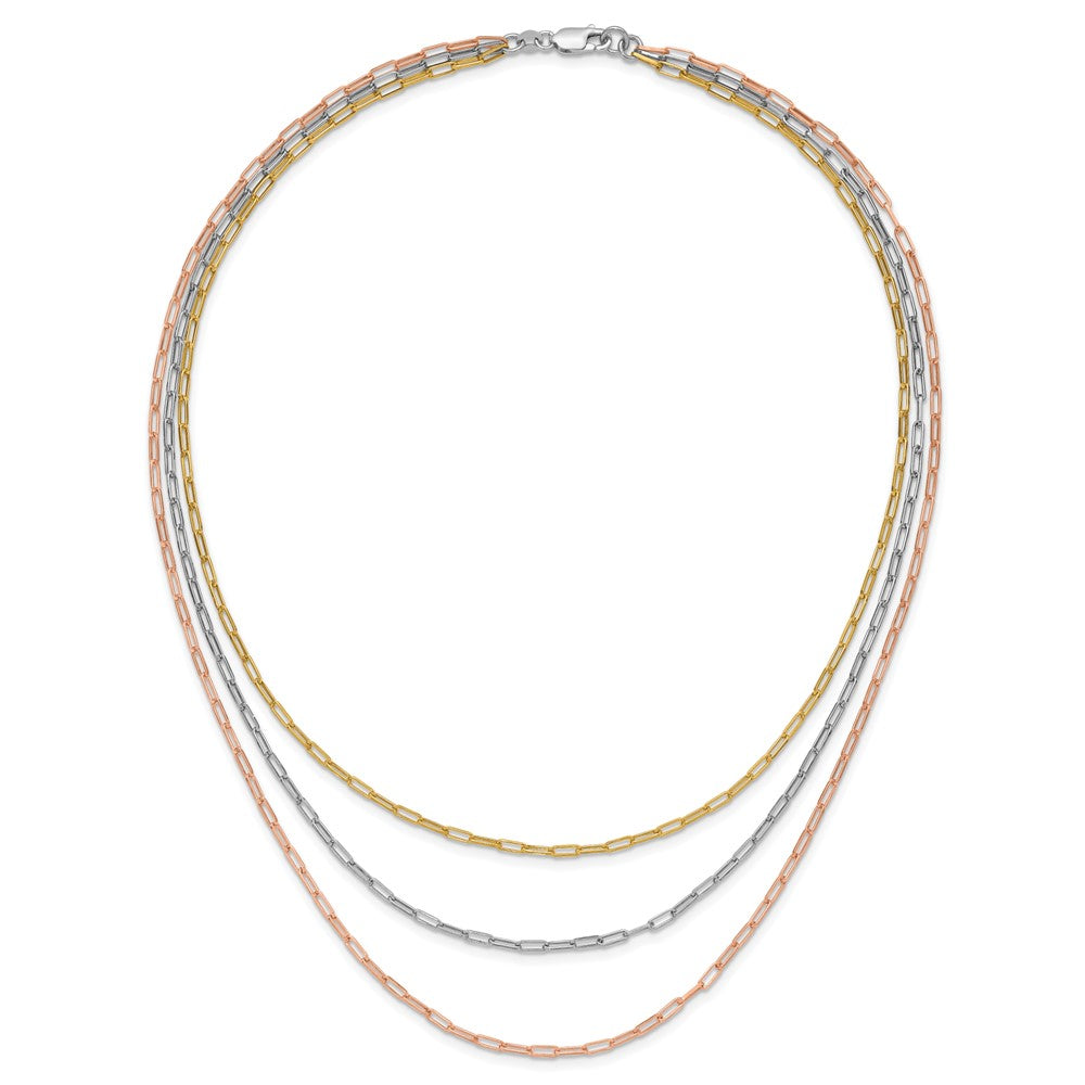 Sterlingsilber Rhodiniert-plate Rose/yellow-tone Büroklammer Glieder 3-strand Necklac