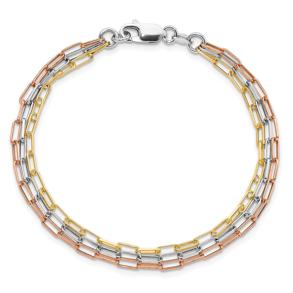 Sterlingsilber Rhodiniert-plate Rose & Gelb-tone Büroklammer Glieder 3-strand Brace