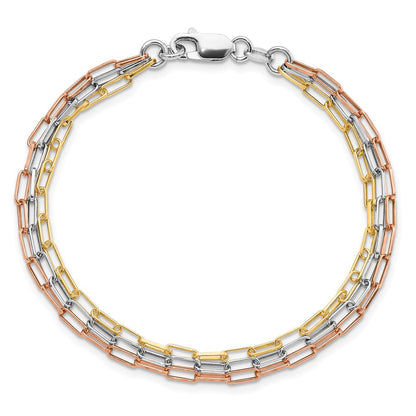 Sterlingsilber Rhodiniert-plate Rose & Gelb-tone Büroklammer Glieder 3-strand Brace