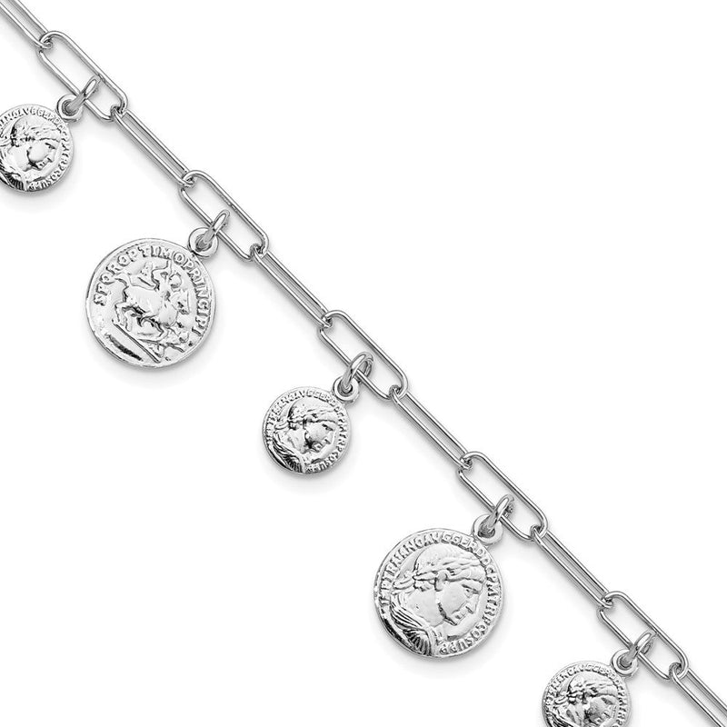 6.75 Zoll Sterlingsilber Rhodiniert Poliert Münze Charm mit 1 Zoll Verlängerung. Armband
