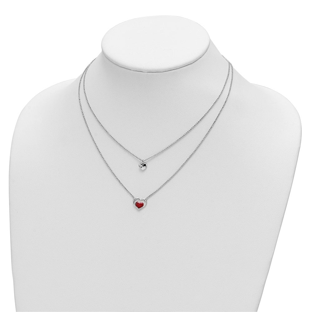 Sterlingsilber Rhodium-plate Emaille Herz 2-strand mit 1 Zoll Verlängerung Halskette