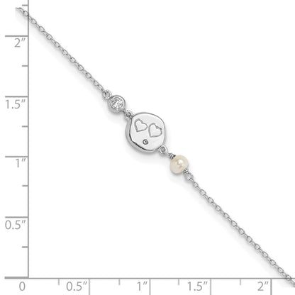 7.5 Zoll Sterlingsilber Rhodiniert Zirkonia Fw Zuchtperle mit Herzen Armband