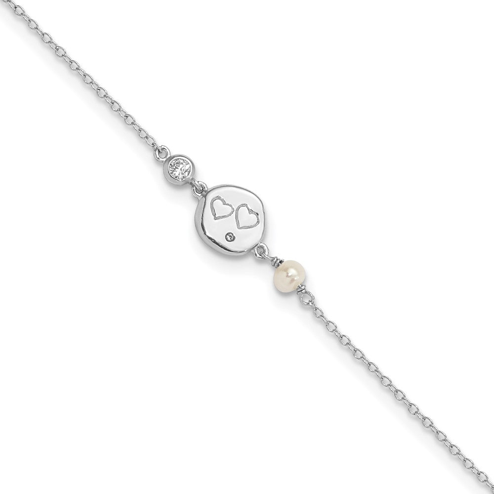 7.5 Zoll Sterlingsilber Rhodiniert Zirkonia Fw Zuchtperle mit Herzen Armband