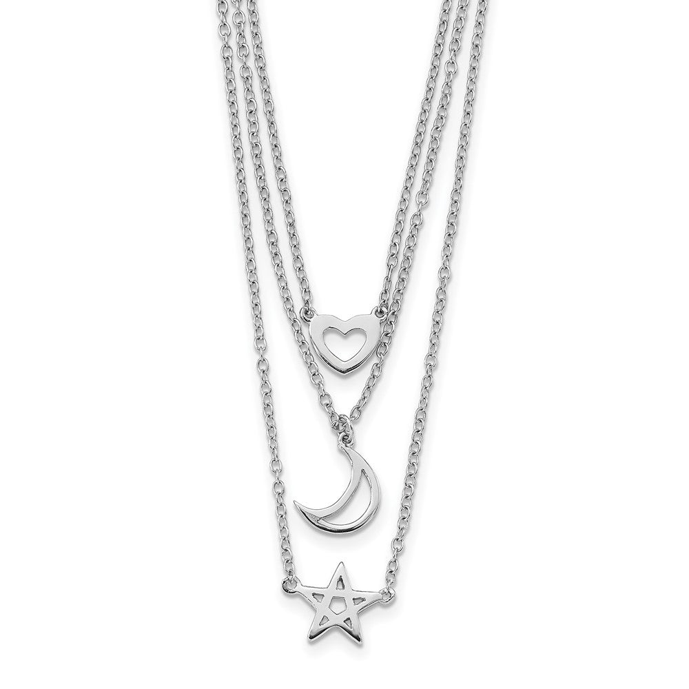 Sterlingsilber Rhodiniert Herz, Mond, Stern mit 2 in Verlängerung. Halskette