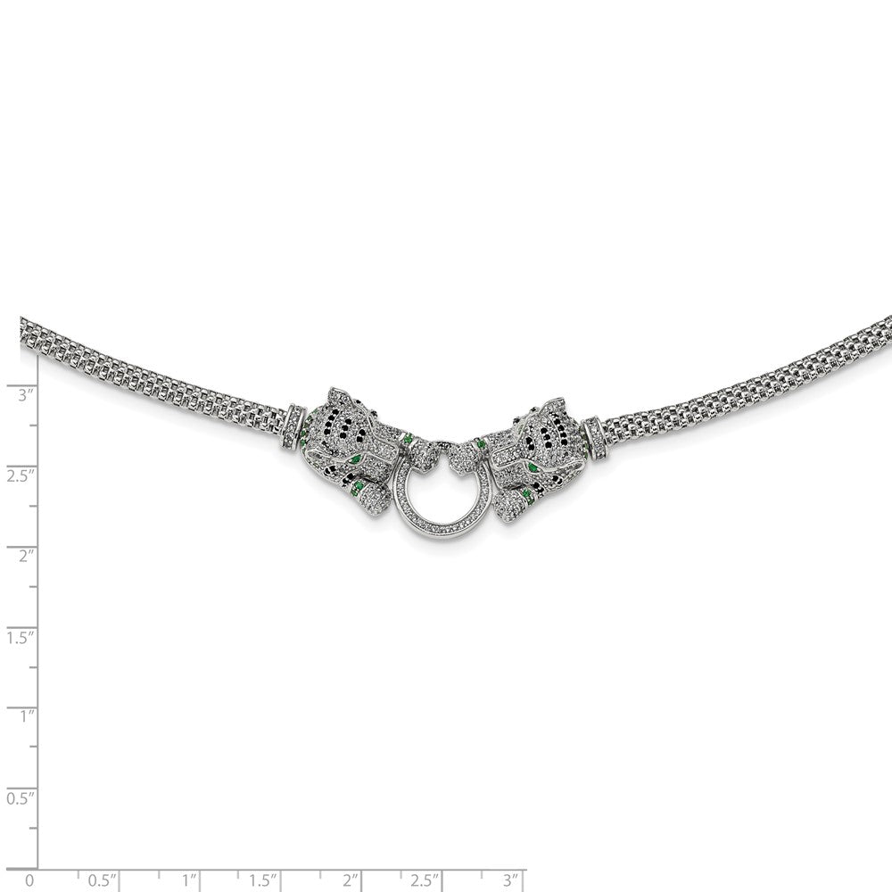 Sterlingsilber Rhodiniert Poliert Tigers Holding Ring Zirkonia Halskette