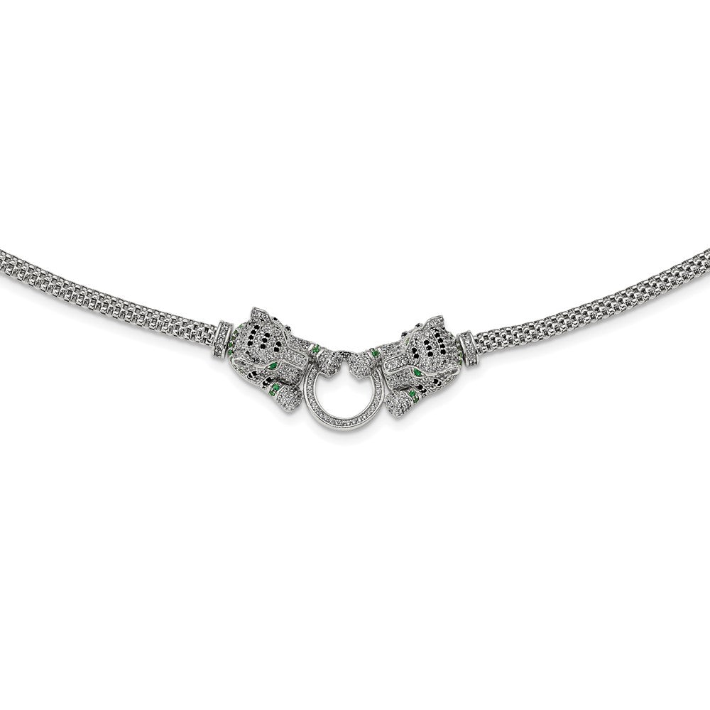 Sterlingsilber Rhodiniert Poliert Tigers Holding Ring Zirkonia Halskette