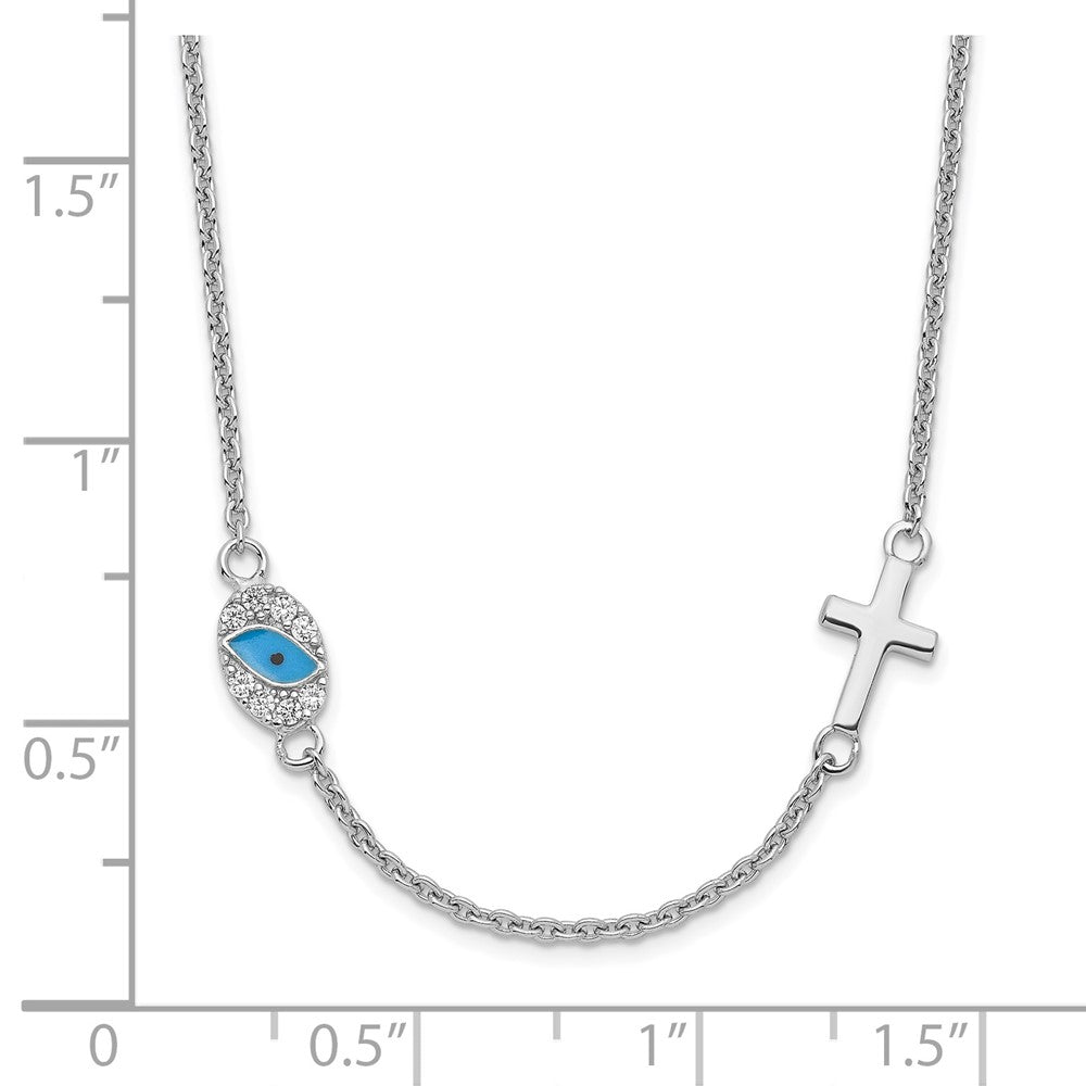 Sterlingsilber Rhodiniert Zirkonia Emaille Kreuz mit Auge 16.5 Zoll mit 2 Zoll Verlängerung Halskette