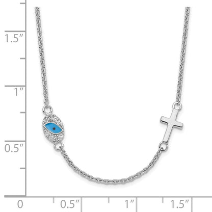 Sterlingsilber Rhodiniert Zirkonia Emaille Kreuz mit Auge 16.5 Zoll mit 2 Zoll Verlängerung Halskette