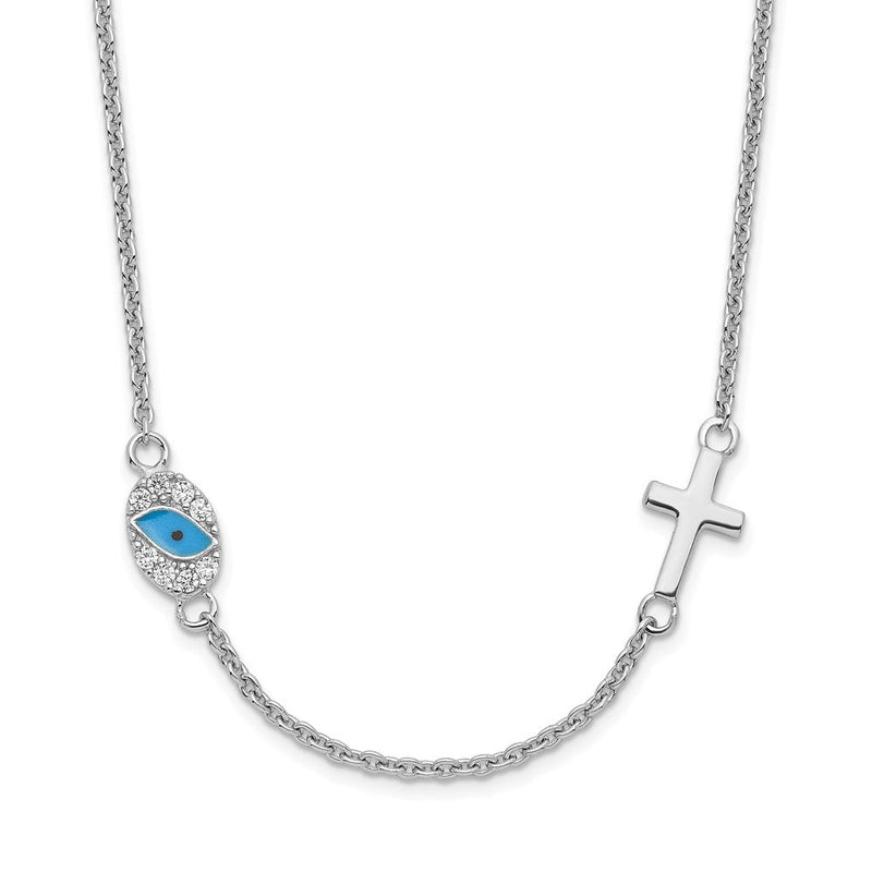 Sterlingsilber Rhodiniert Zirkonia Emaille Kreuz mit Auge 16.5 Zoll mit 2 Zoll Verlängerung Halskette