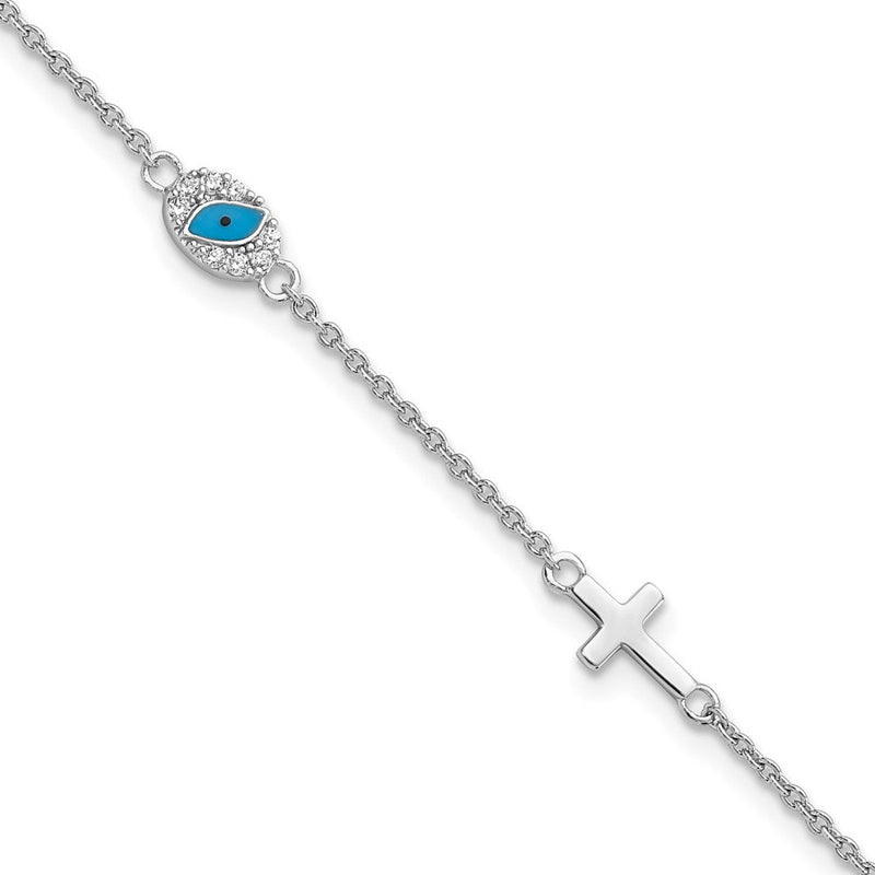 7.5 Zoll Sterlingsilber Rhodiniert Zirkonia Emaille Kreuz mit Auge 6.5 Zoll mit 1 Zoll Verlängerung Armband