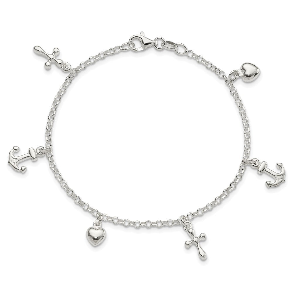 7.5 Zoll Sterlingsilber Kreuz, Anker, Herz Armband
