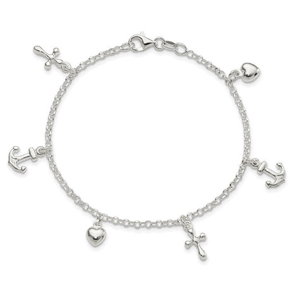 7.5 Zoll Sterlingsilber Kreuz, Anker, Herz Armband