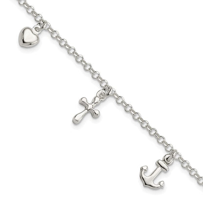 7.5 Zoll Sterlingsilber Kreuz, Anker, Herz Armband