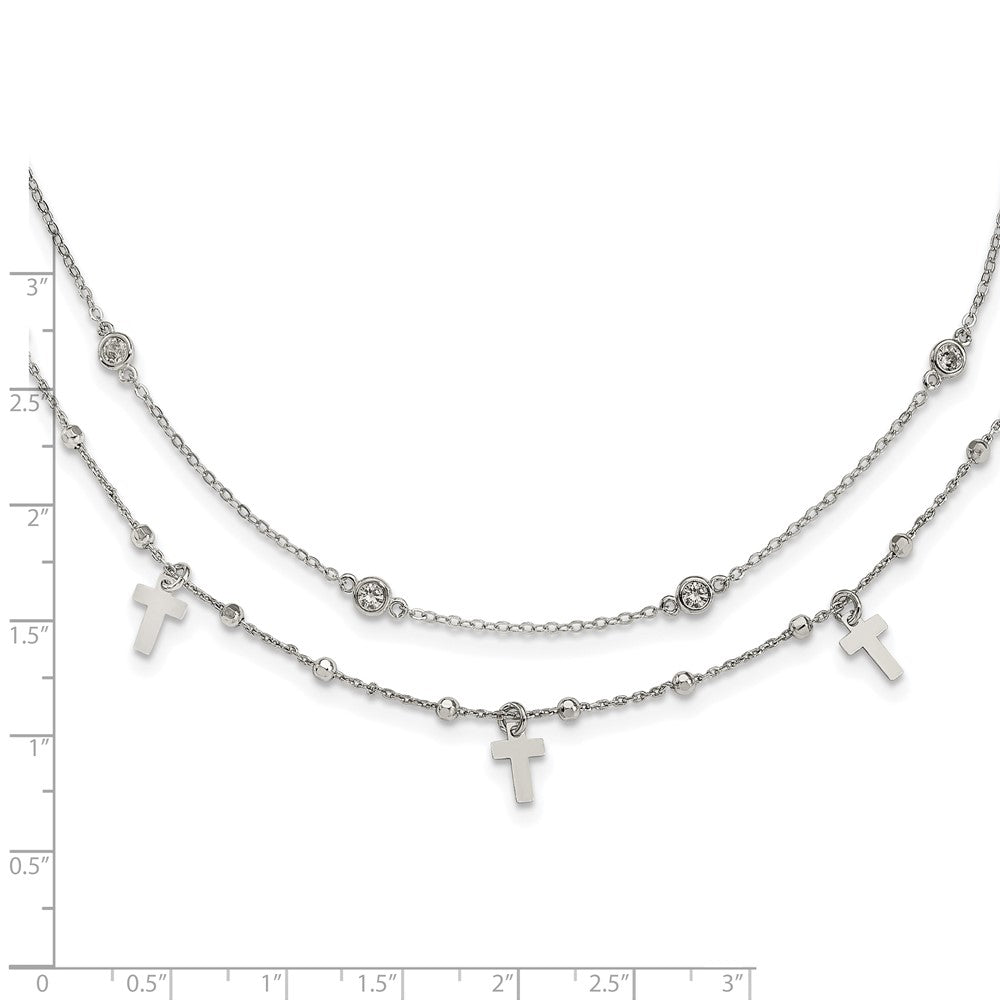 Sterlingsilber Rhodiniert Poliert Kreuz und Zirkonia mit 2 Zoll Verlängerung. Halskette