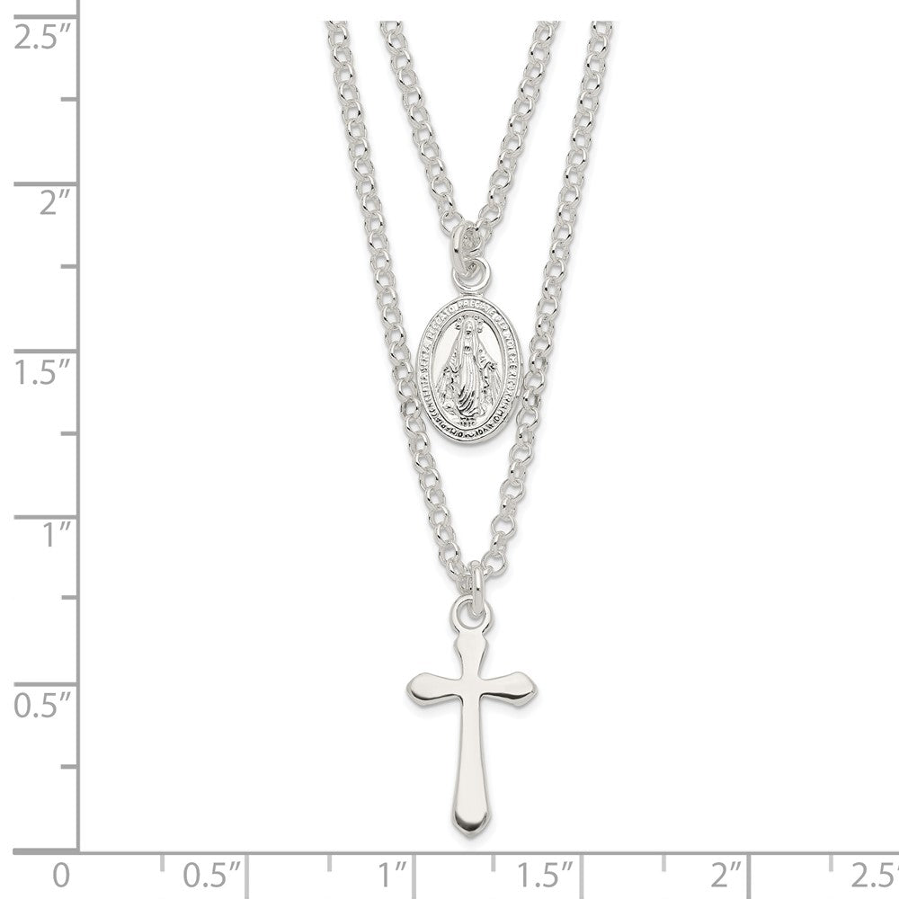 Sterlingsilber Poliert Medallion & Kreuz Halskette