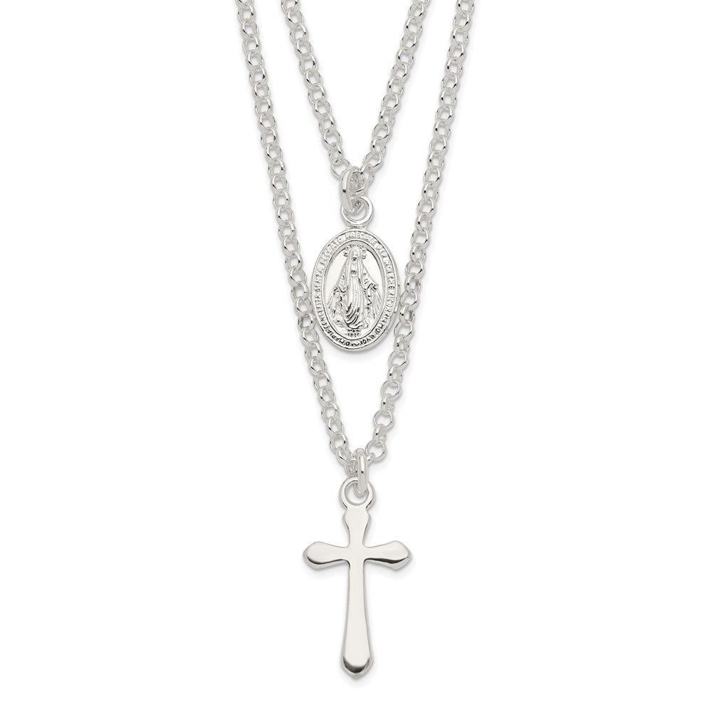 Sterlingsilber Poliert Medallion & Kreuz Halskette